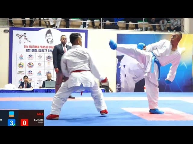 5th Krishna Prasad National Game.. –75 K.G Male kumite.. Sundar Sunari (AKA🔴) VS  Anil Baram (AO🔵)..